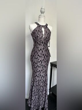R&M Richards Black and Taupe Lace Overlay Dress
